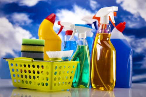 Carpet cleaning team preparing safe equipment and workspace